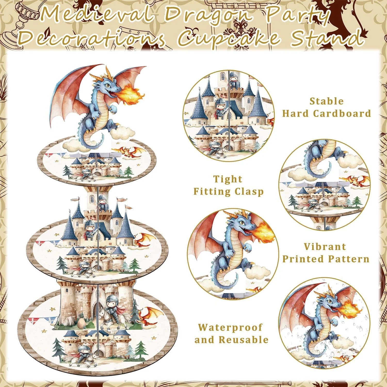 Medieval Dragon Party Decorations - 3 Tier Cupcake Stand Dragon Birthday Party Decorations Dessert Stands Holders - Image 3