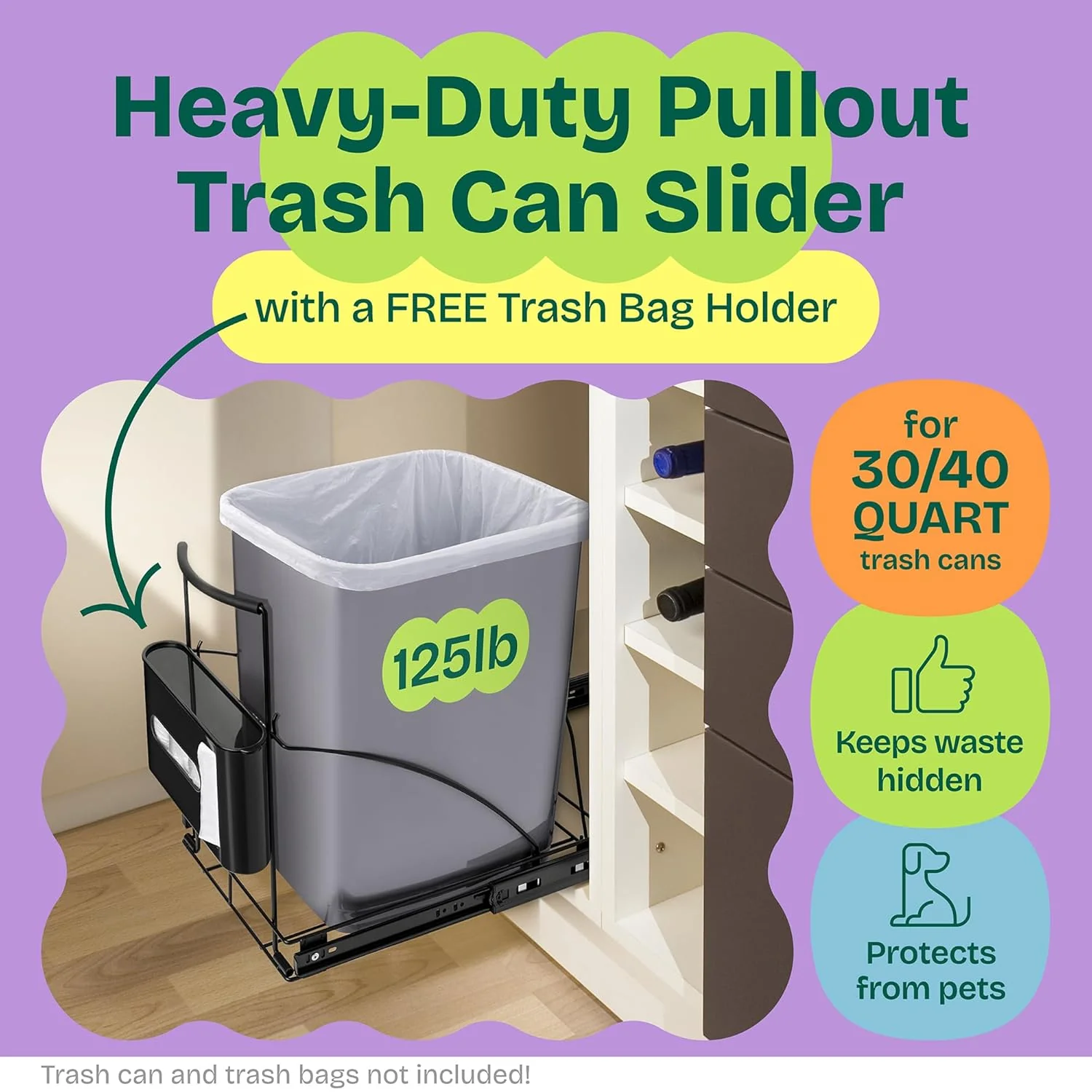 Pull Out Trash Can Under Cabinet Shelf - Under Sink Trash Can Pull Out Slider for 30–40 Quart Cans Up to 125 lb - Cabinet Trash Can Pull Out Kit w/Garbage Bag Holder - (Can Not Included) - Image 3